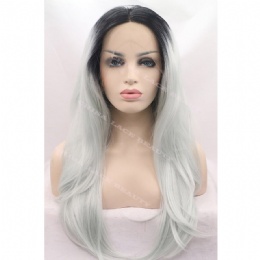 Synthetic lace front wig black silver grey straight