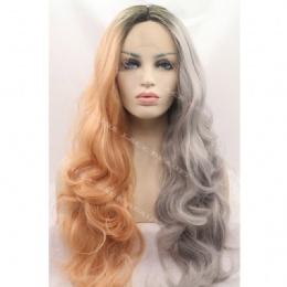 Synthetic lace front wig brown grey wavy