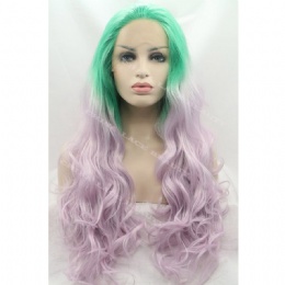 Synthetic lace front wig green pink wavy